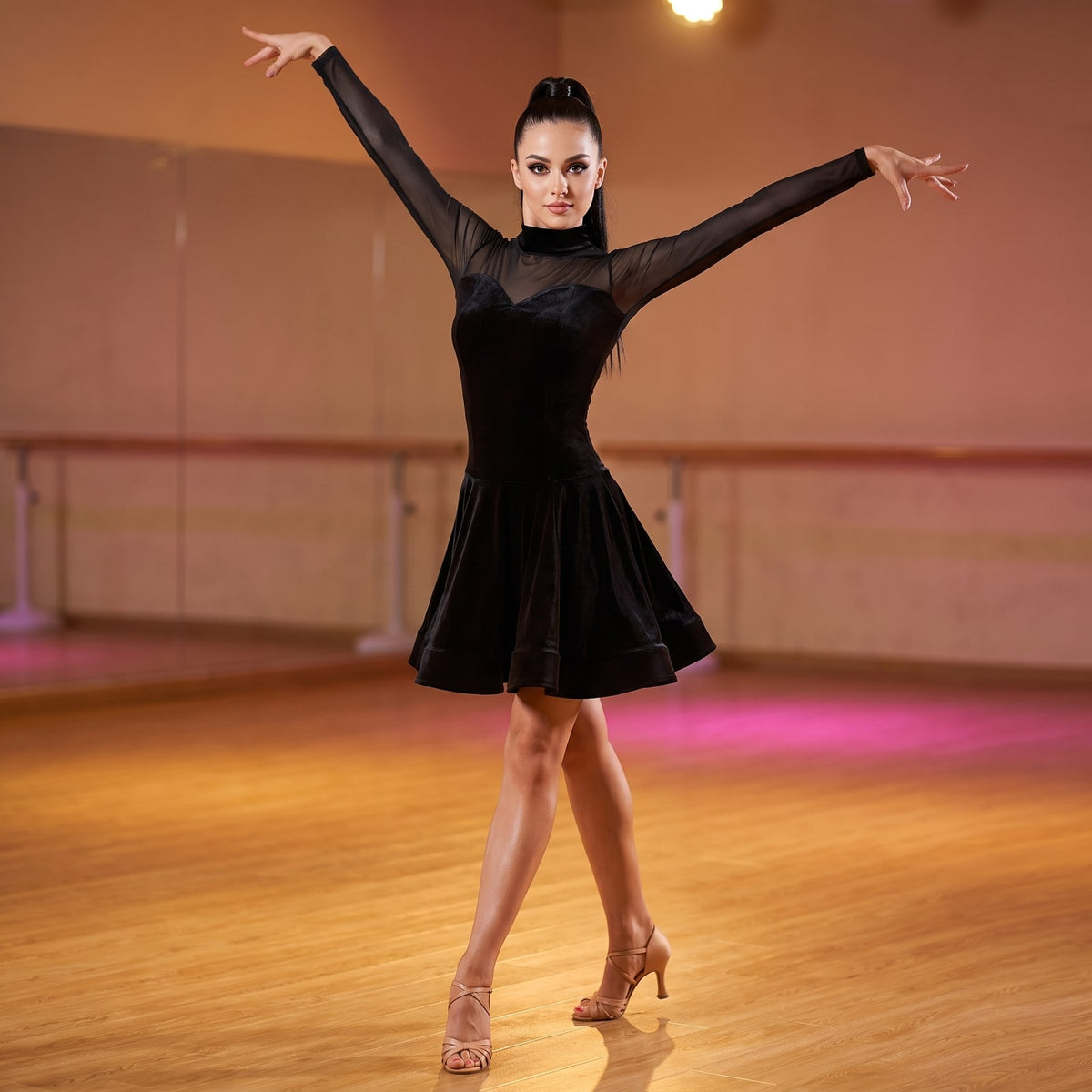 Velvet High Neck Latin Salsa Dance Dress Mesh Yoke Flared Skirt