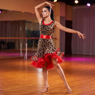 Print Latin Salsa Dance Dress Satin Waist Tie Red Organza Ruffle