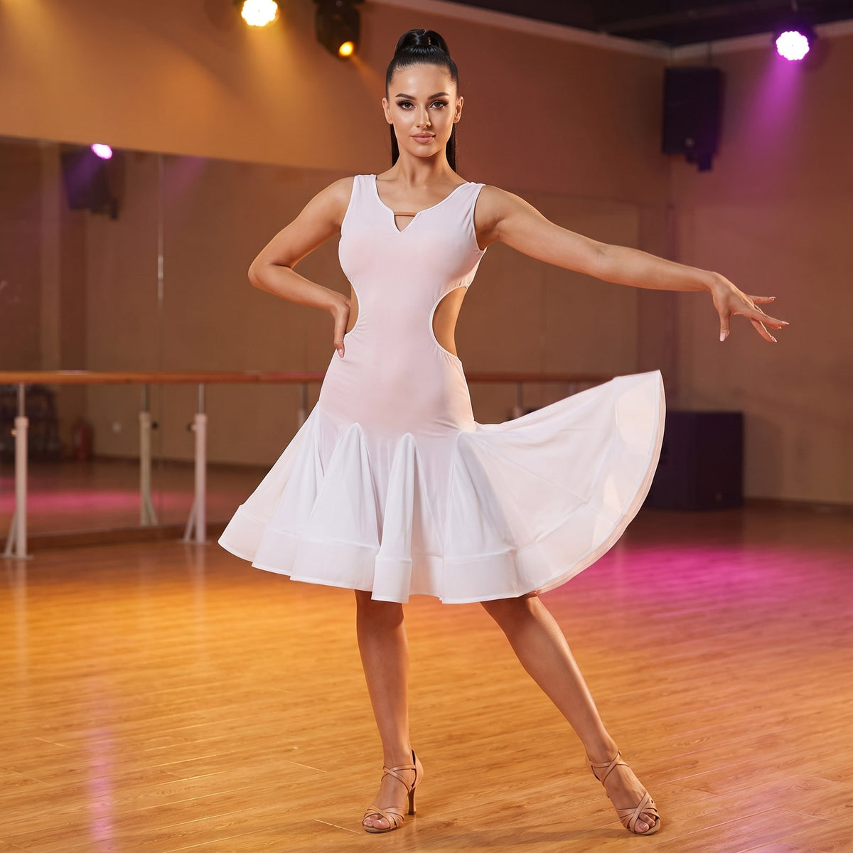 Cutaway Waist Latin Salsa Dance Dress V Neck Flared Practice Skirt