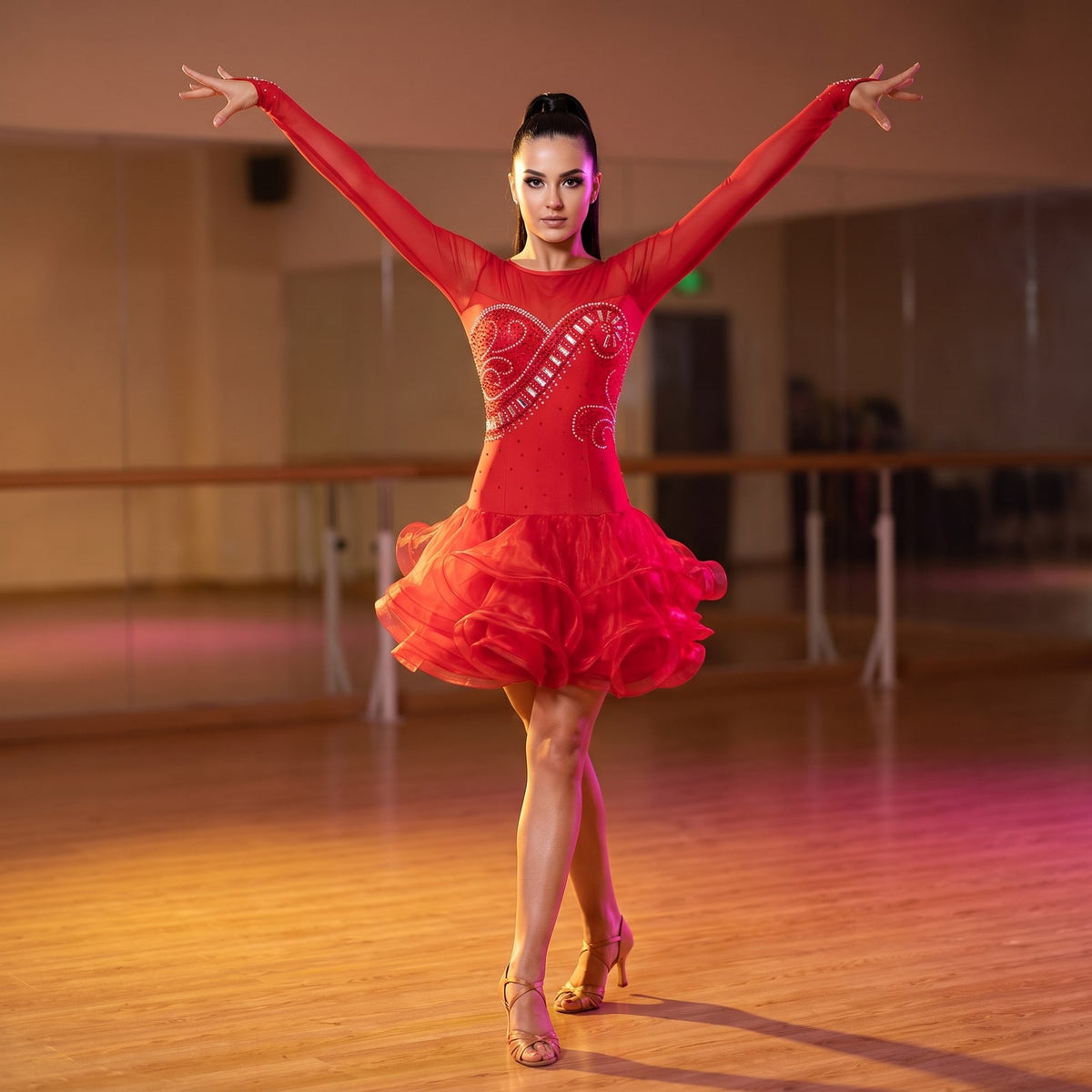 Crystal Heart Swirl Latin Salsa Dance Dress Long Sleeve Organza Ruffle