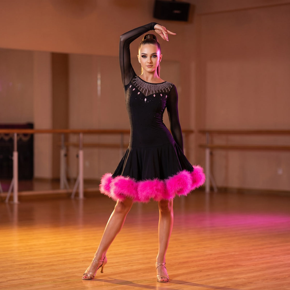 Feather Hem Latin Salsa Dance Dress Crystal Collar Long Sleeve