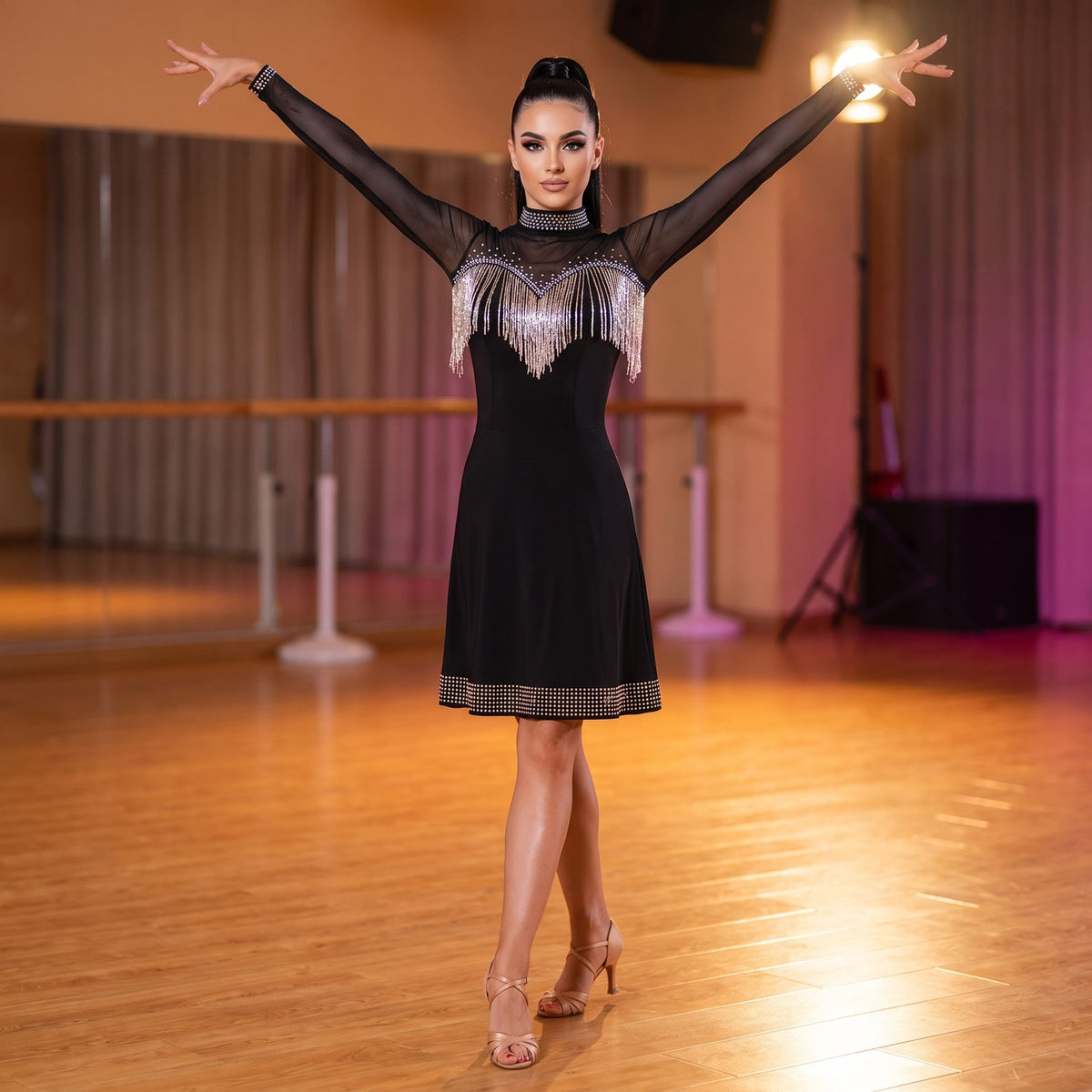 Silver Bead Fringe Latin Salsa Dance Dress Stoned Collar Studded Hem