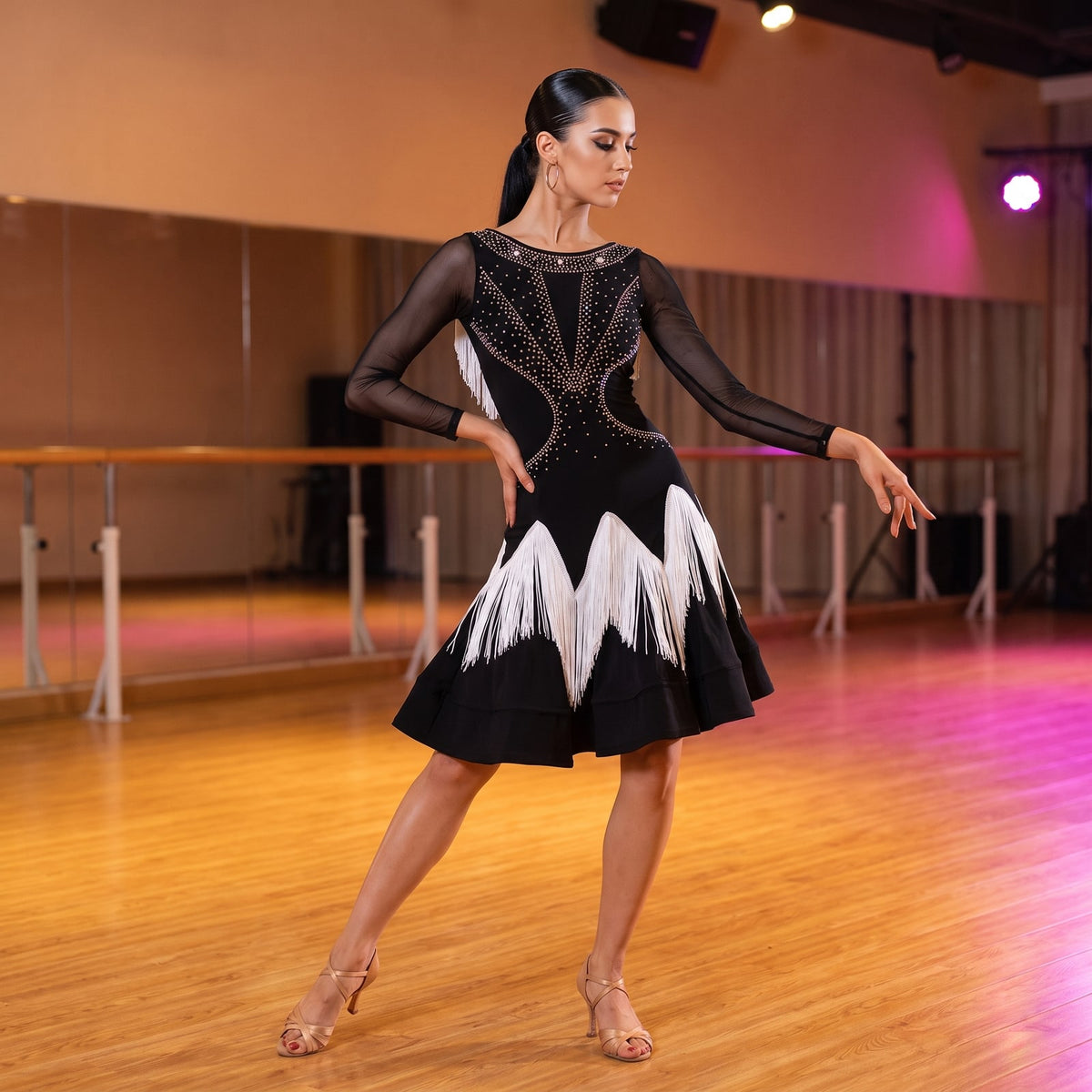 Crystal Web Latin Salsa Dance Dress Mesh Sleeve Zigzag Fringe Hem