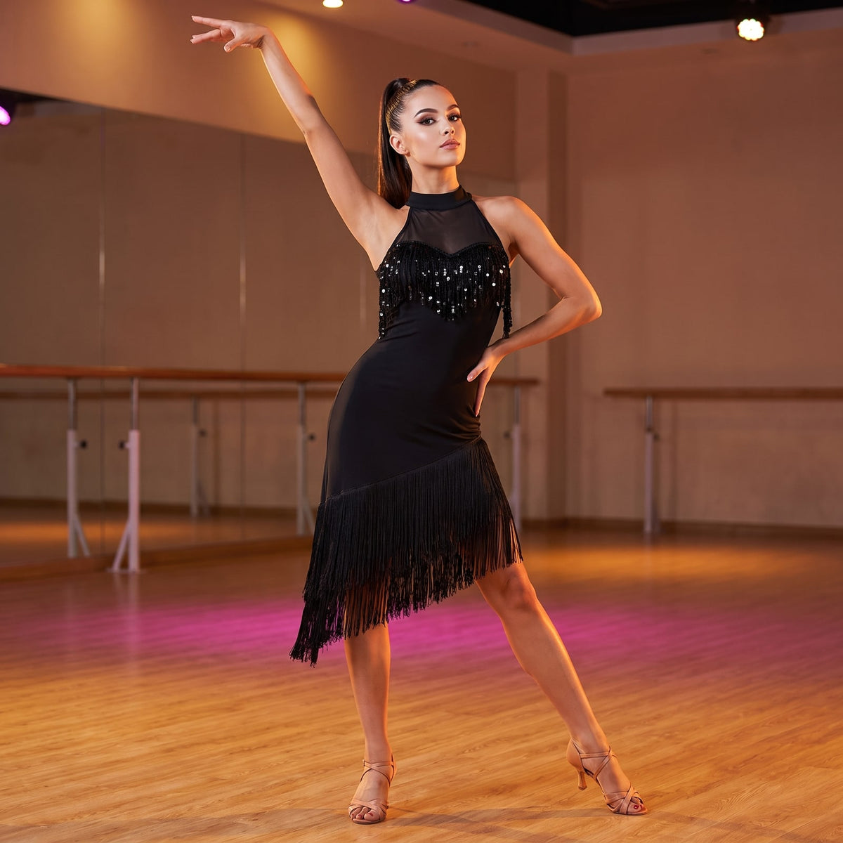 Black Sequin Fringe Latin Salsa Dance Dress Mesh Yoke Diagonal Hem