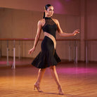 Small Collar Latin Salsa Dance Dress Mesh Diagonal Panel Ruffle Hem