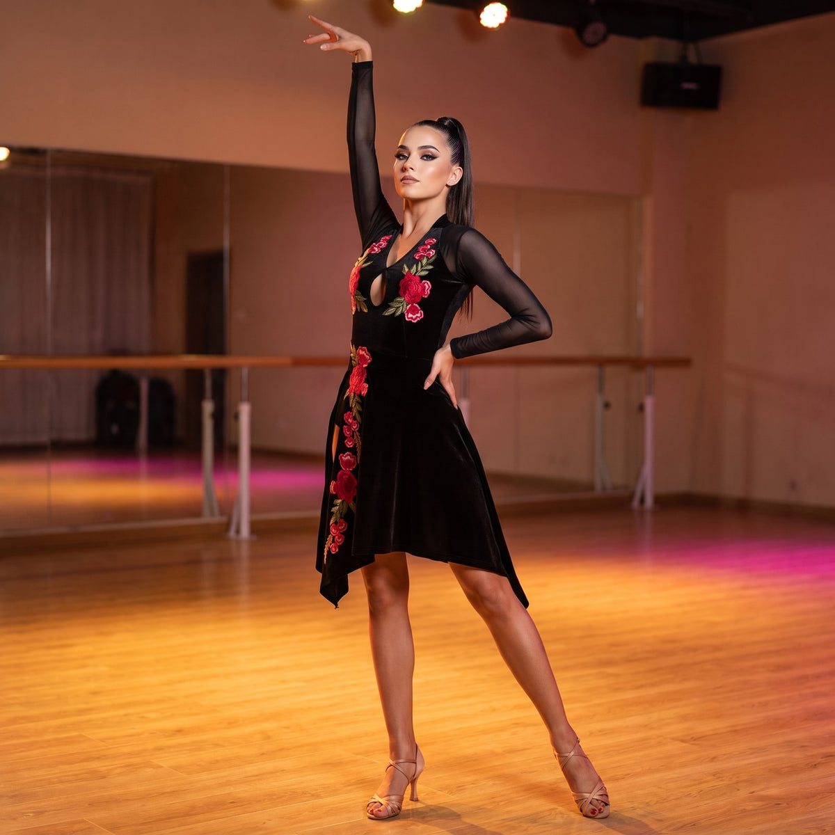 Rose Embroidered Velvet Latin Salsa Dance Dress V Neck Handkerchief Hem