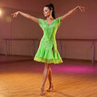 Neon Crystal Latin Salsa Dance Dress V Neck Fringe Yoke Mesh Hem