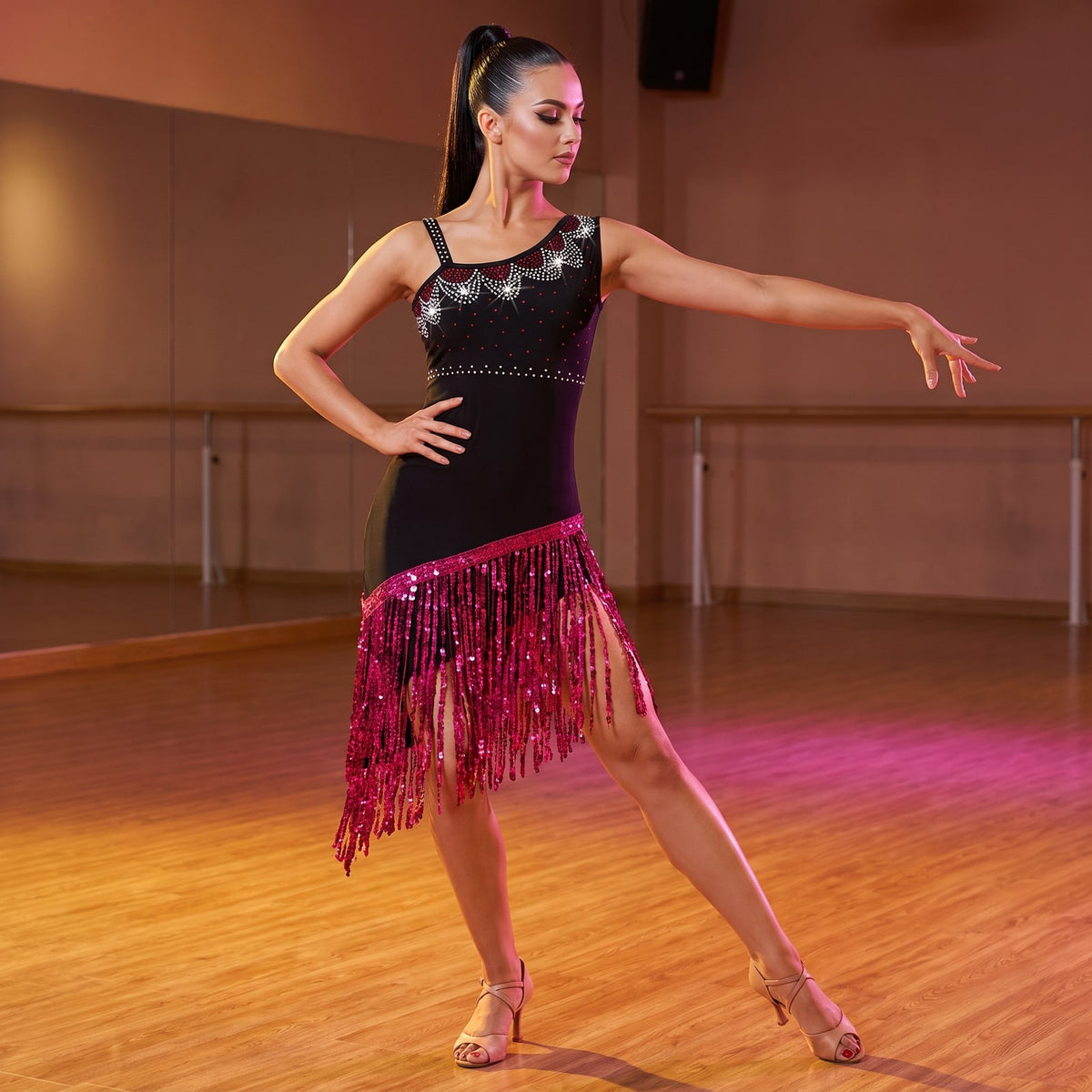 Sequin Fringe Latin Salsa Dance Dress Studded Strap Diagonal Hip