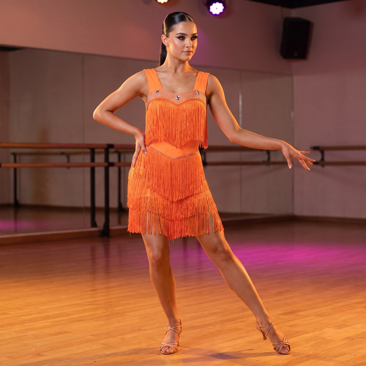 Orange Fringe Latin Salsa Dance Dress Crystal Bust Band Wide Straps
