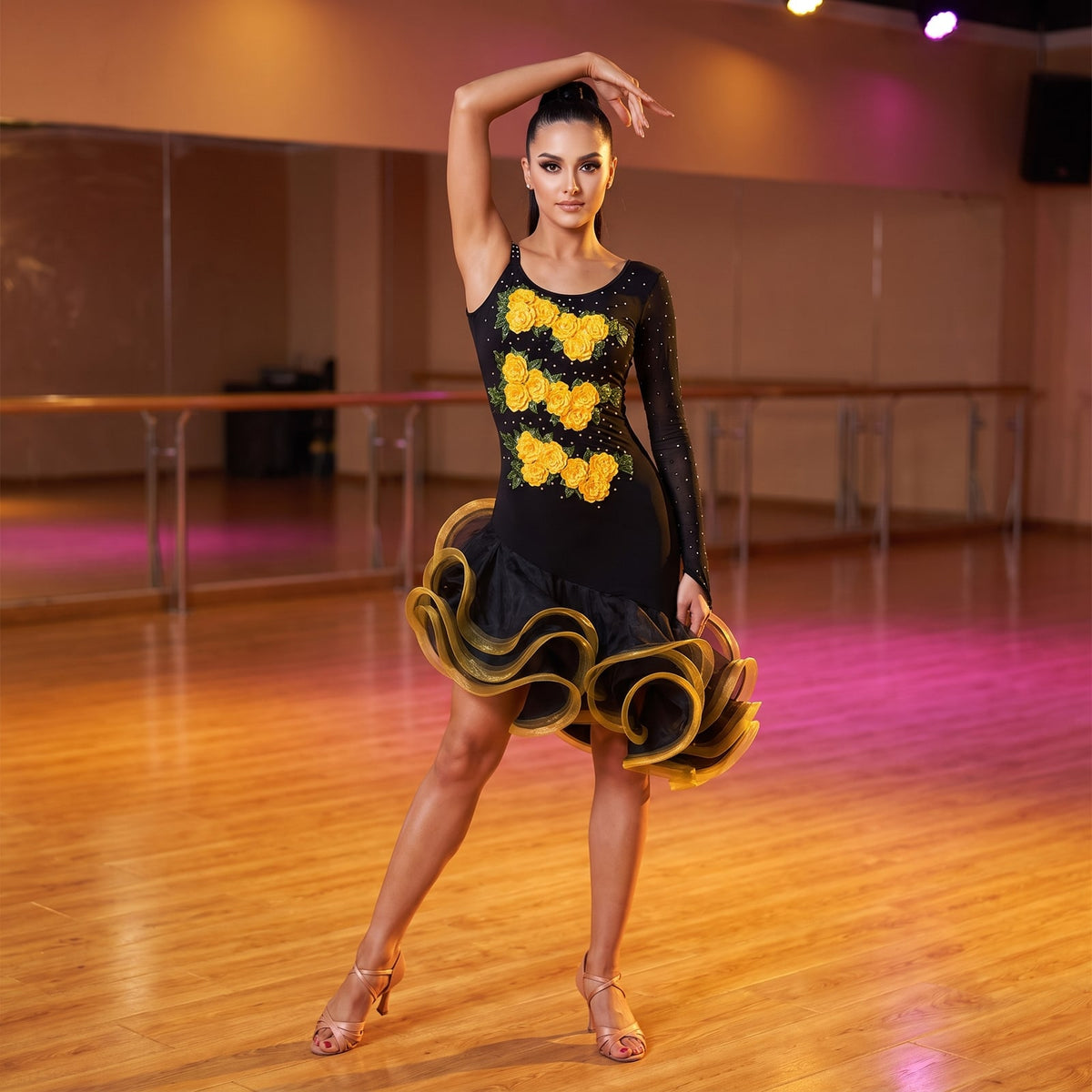 Yellow Rose Latin Salsa Dance Dress Raised Applique Gold Organza Hem