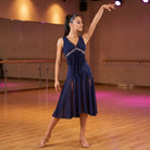 Crystal Yoke Latin Salsa Dance Dress Draped Panel Godet Skirt