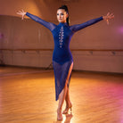 Crystal Button Latin Salsa Dance Dress High Neck Sheer Mesh Skirt