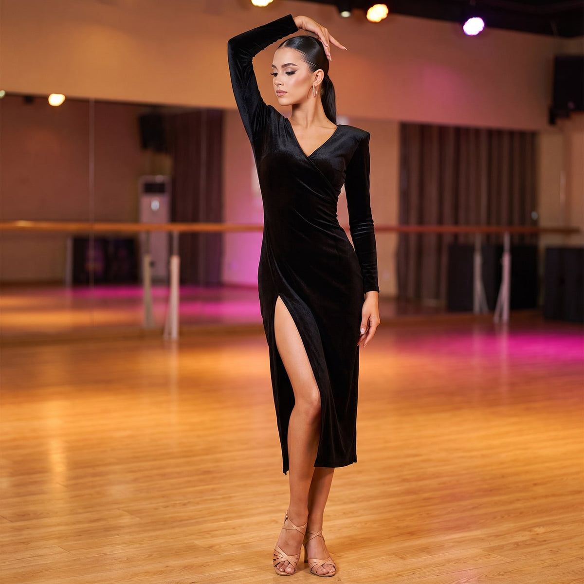Velvet Wrap Neck Latin Salsa Dance Dress Long Sleeve High Slit Midi