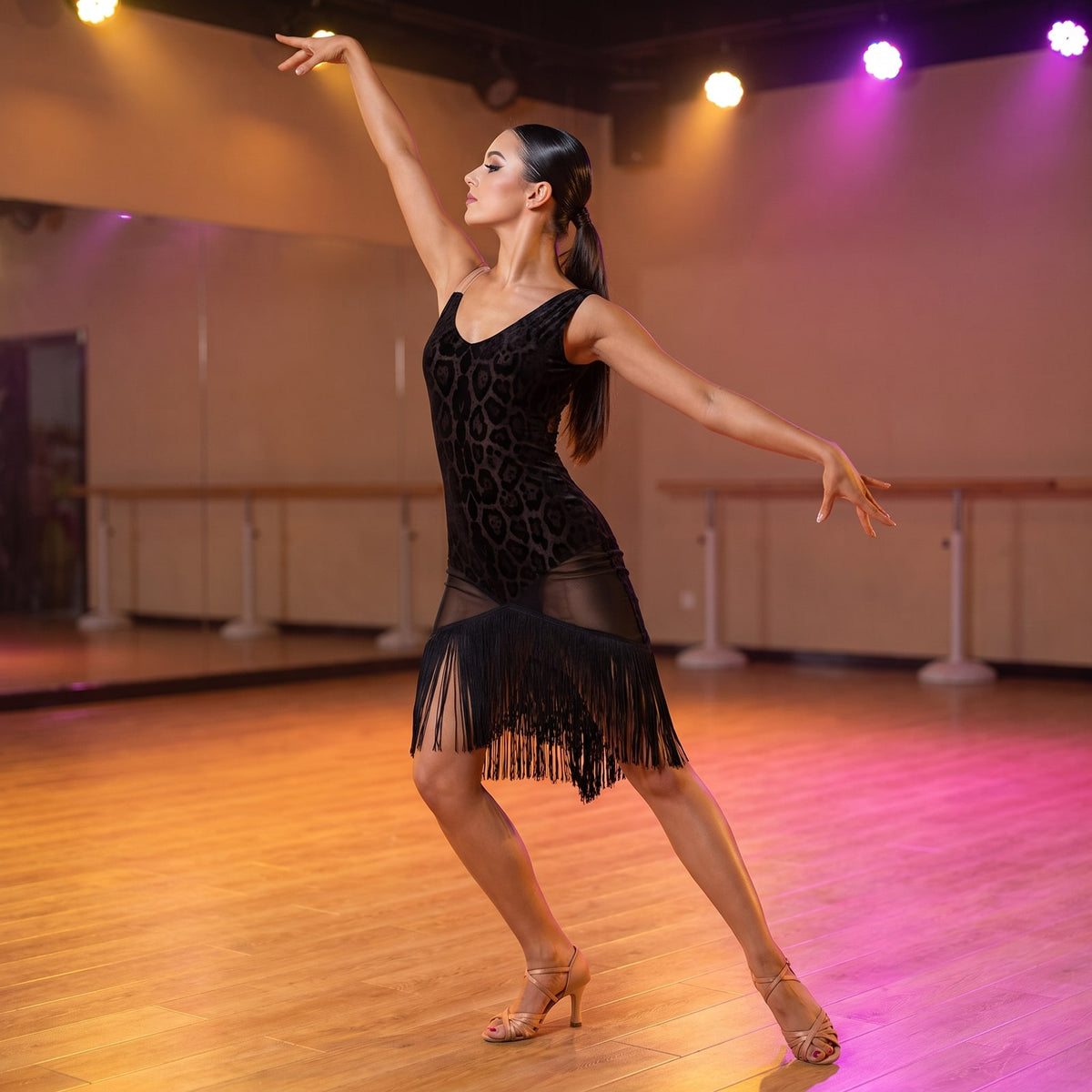 Sheer Leopard Latin Salsa Dance Dress Shoulder Tie Fringe Hem