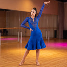 Amber Stone Latin Salsa Dance Dress Long Sleeve Mesh Keyhole Flare