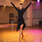 Pleated Cascade Latin Salsa Dance Dress Boat Neck Long Sleeve