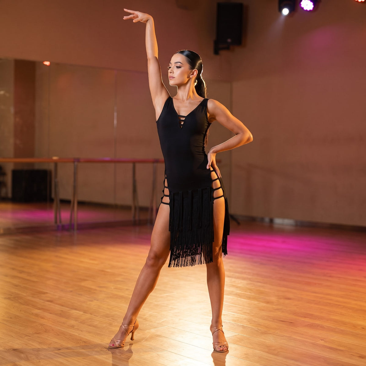 Strap Cutout Latin Salsa Dance Dress V Neck Tiered Fringe Skirt