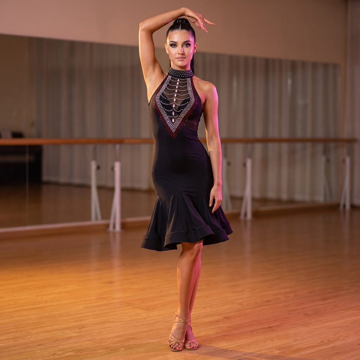 Crystal Bib Latin Salsa Dance Dress Halter Neck Fluted Mermaid Hem