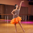 Leopard One Shoulder Latin Salsa Dance Dress Orange Organza Wrap Hem