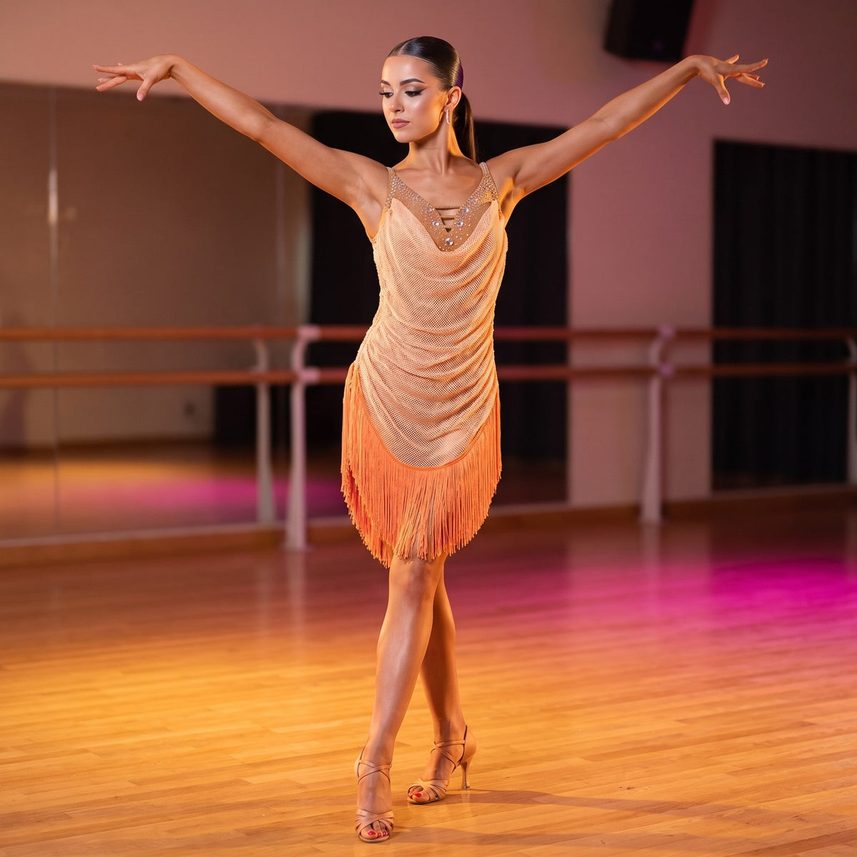 Ombre Fringe Latin Salsa Dance Dress Cowl Drape Stone Neckline