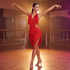 Stone Collar Fringe Latin Salsa Dance Dress Cutaway Waist Ragged Hem