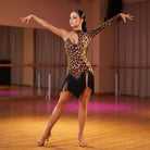 Leopard Corset Latin Salsa Dance Dress Laced Front Petal Fringe Hem