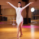 Stone Lace Latin Salsa Dance Dress High Collar Long Sleeve Fringe Hem