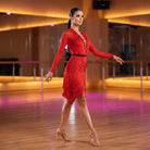 Buckle Front Latin Salsa Dance Dress Stone Panel Red Fringe Skirt