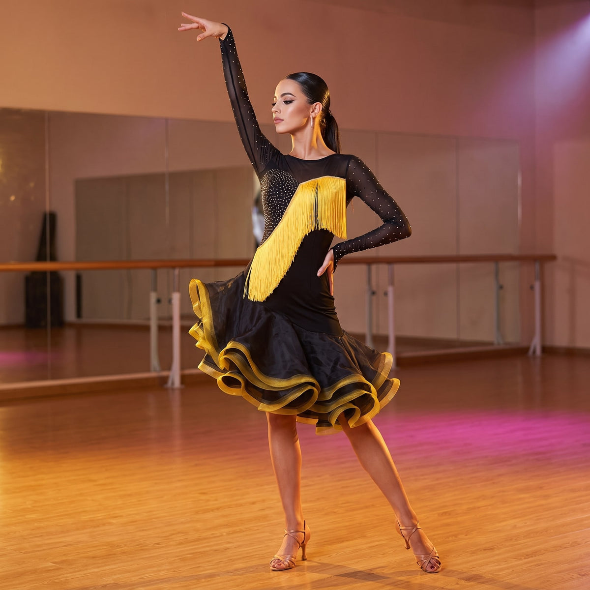 Diagonal Fringe Latin Salsa Dance Dress Stone Mesh Sleeve Organza Hem