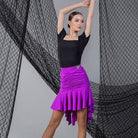 Purple ruched Latin dance skirt for salsa practice with short flounce handkerchief hem, with black square neck top