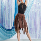 Brown glitter Latin dance skirt for salsa with fringe-trimmed handkerchief points, worn with a black lace bodysuit