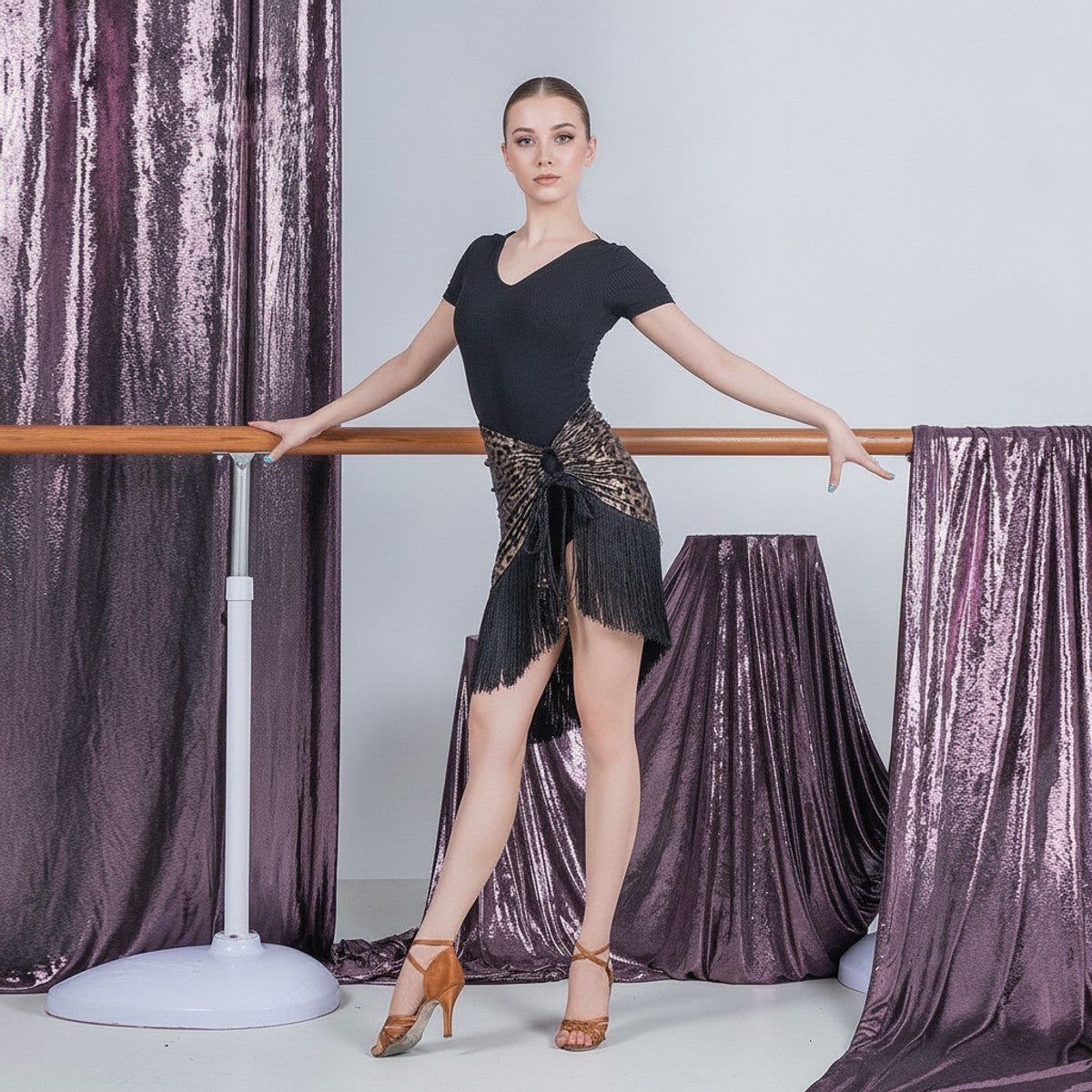 Black & Gold Leopard gold leopard fringe Latin dance skirt for salsa practice, front view