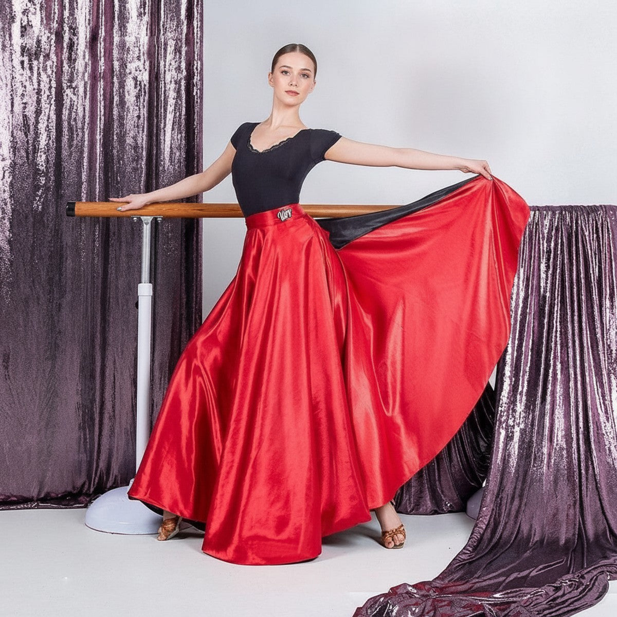 Red paso doble cape flamenco dance skirt for salsa practice, front view