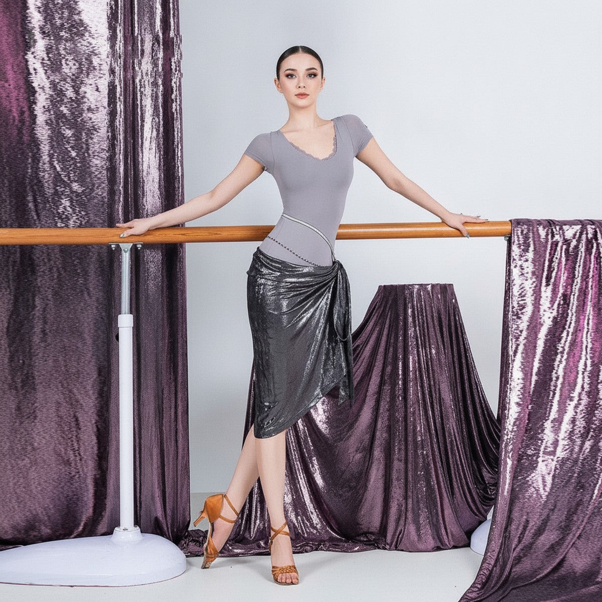 Silver chain belt wrap Latin dance skirt for salsa practice, front view