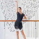 Black & White two tone fringe Latin dance skirt for salsa practice, front view