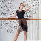 Coffee polka dot fringe Latin dance skirt for salsa practice, front view