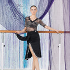 Black sequin trim slit Latin dance skirt for salsa practice, front view