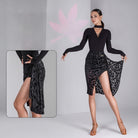Black burnout velvet wrap Latin dance skirt for salsa practice, front view