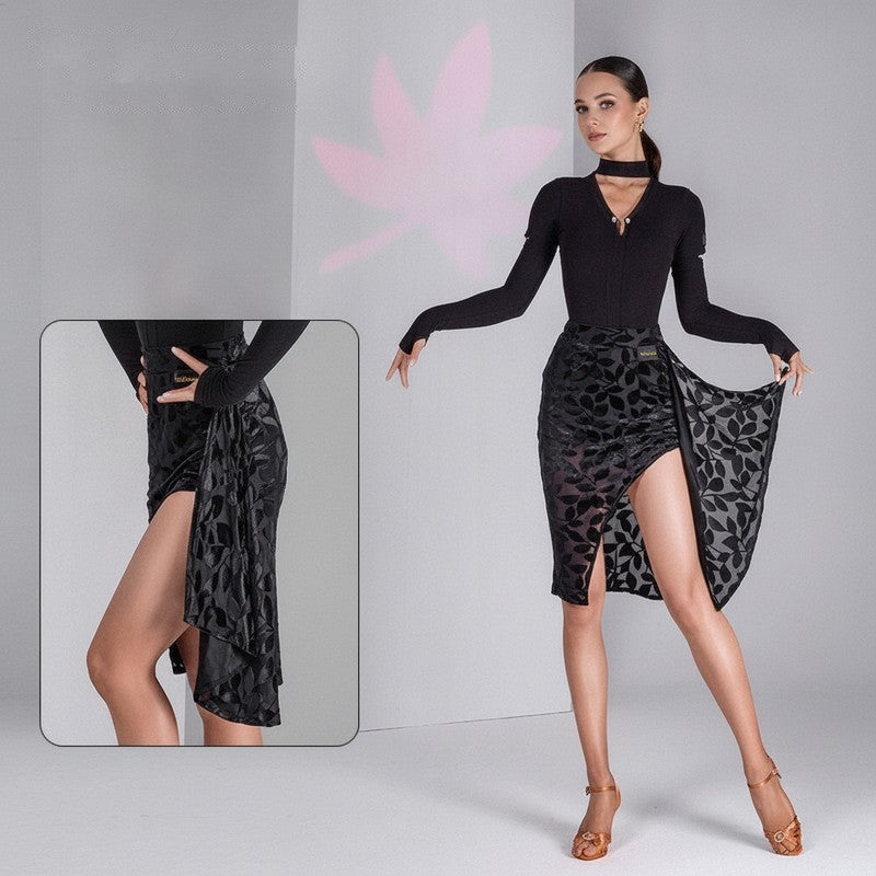 Black burnout velvet wrap Latin dance skirt for salsa practice, front view