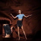 Black paneled fringe mini Latin dance skirt for salsa practice, front view