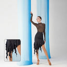 Black streamer ruffle Latin dance skirt for salsa practice, front view