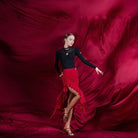 Red ruched high low ruffle Latin dance skirt for salsa practice, side view