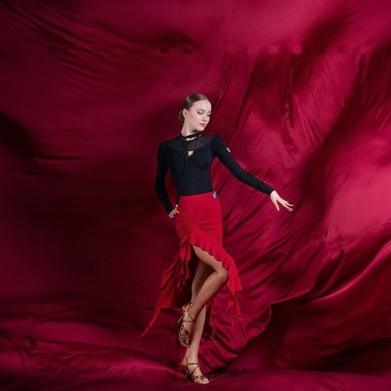 Red ruched high low ruffle Latin dance skirt for salsa practice, side view