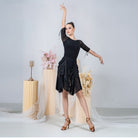 Black sequin mesh patchwork Latin dance skirt for salsa practice, front view