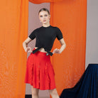 Red sequin stripe ruffle Latin dance skirt for salsa practice, front view