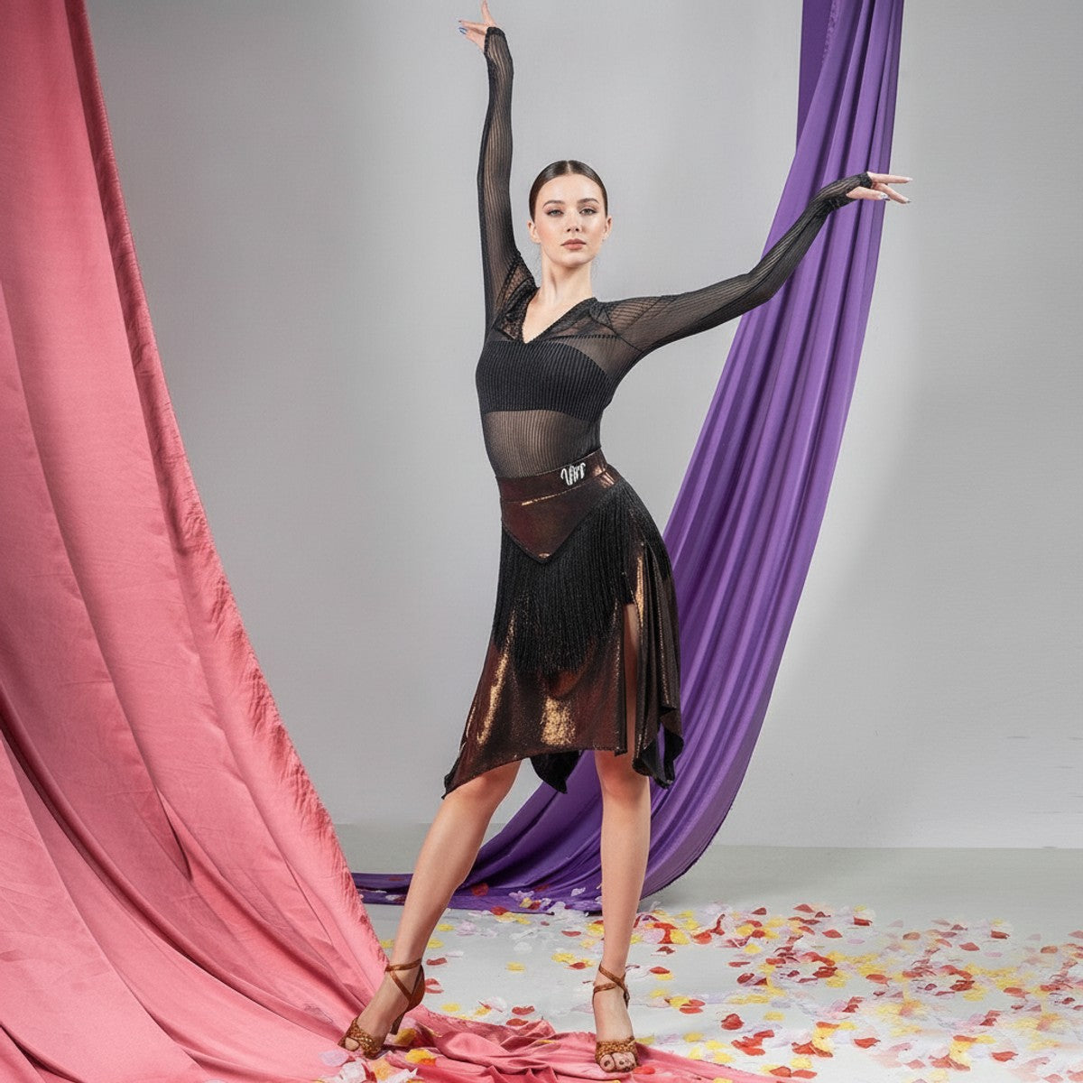 Black & Gold metallic fringe Latin dance skirt for salsa practice, front view