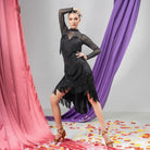 Black layered fringe fishtail Latin dance skirt for salsa practice, front view