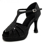 Black Glitter With Black Rhinestones Samba Platform Dance Shoes High Heels