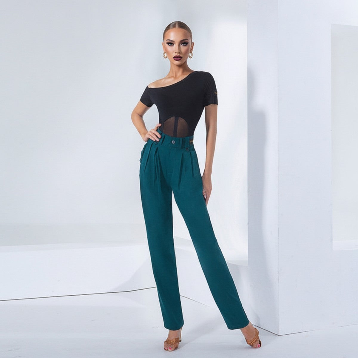 Black off shoulder mesh waist Latin dance leotard for Latin practice, front view
