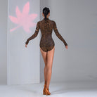 Leopard choker V neck long sleeve dance bodysuit, back view